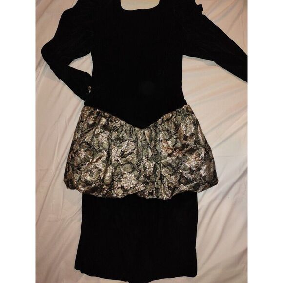 Sz 9/10 Vintage Black Velvet Bodycon Metallic Gold Big Bow Dress Cupcake - Picture 13 of 13